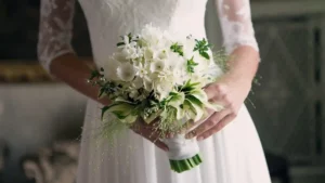 Sposa sorridente con bouquet floreale in mano durante il giorno del matrimonio.