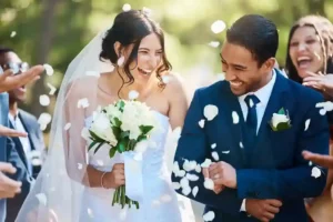 Coppia di sposi sorridente durante un destination wedding, ripresa in un wedding video che racconta la gioia e l’emozione del loro giorno speciale.